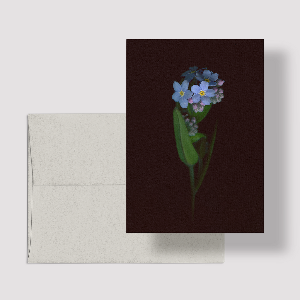 Greeting card with botanical illustration of Woodland Forget-me-not, blue, purple and pink flowers from the Boreal Seasons collection.